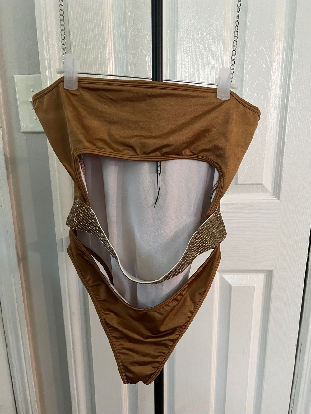 🩱 PrettyLittleThing Bronze Tube Top Cutout One-Piece Swimsuit with Rhinestone